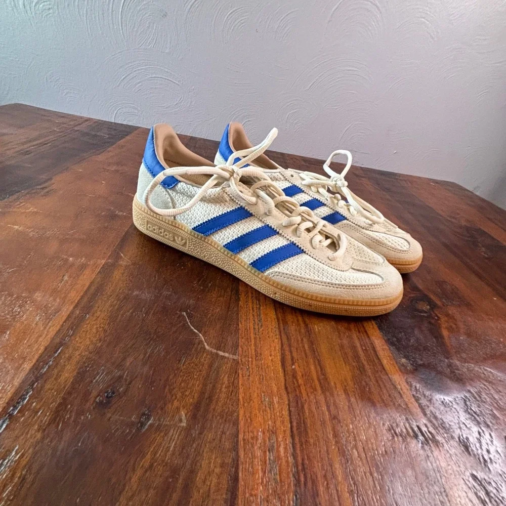 Adidas Handball Spezial Cream Blue Knit Suede Sneakers Mens 6 Womens 7.5 JS3865